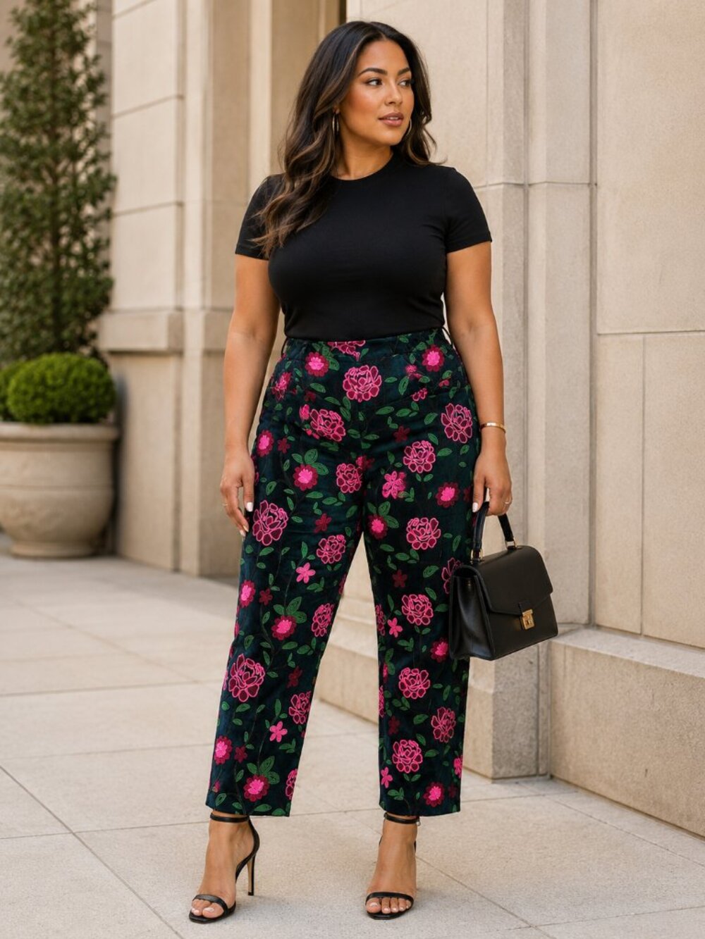 Lesley Evers Velvet Embroidered Floral Pants Size 1X Green Pink Pull On